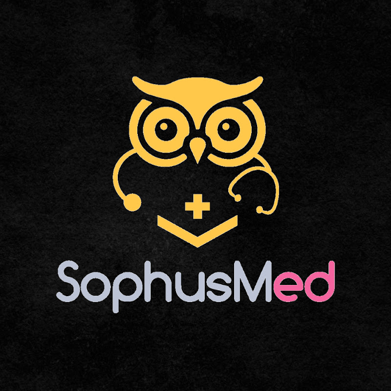 SophusMed: coruja amarela com estetoscópio e nome da marca sobre fundo preto
